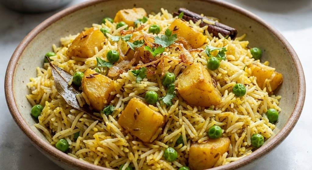 Aalu Muttor Pulao, a vegetarian rice dish from A-RICE